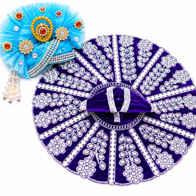laddu gopal ji poshak & pagdi combo for 4 & 5 number | purple velvet dress with sky blue designer pagdi | stone, pearl & zari work | handmade krishna ji shringar vastra set